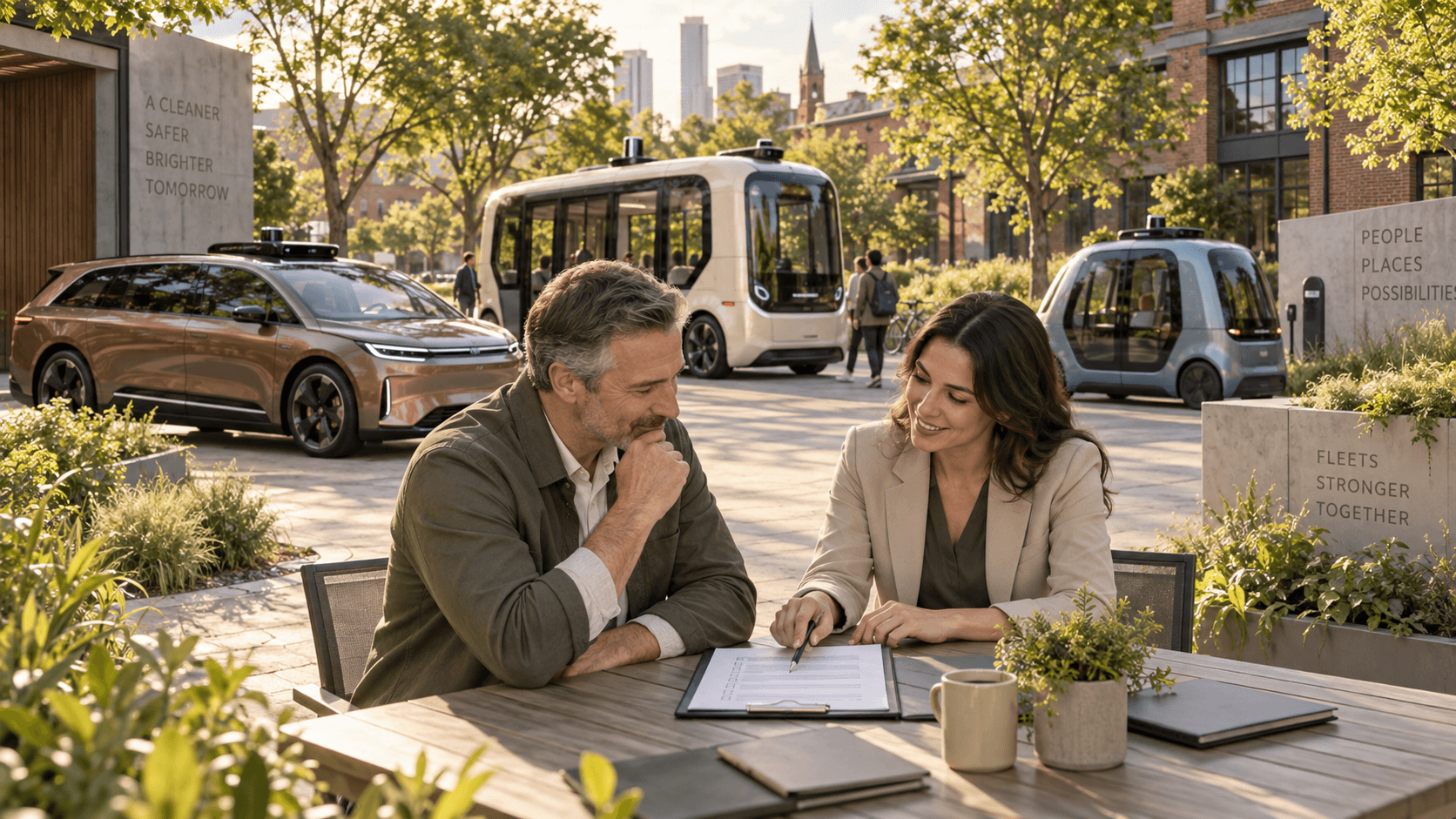 Concept illustration of a fleet owner and adviser reviewing documents beside different autonomous vehicles.