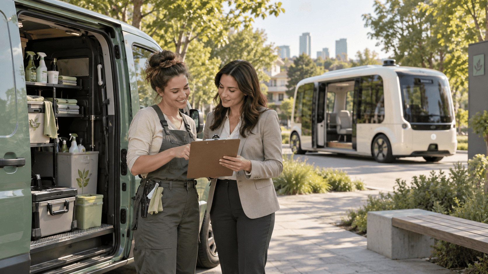 Concept illustration of a mobile vehicle-care business owner discussing paperwork with an adviser beside a service van.